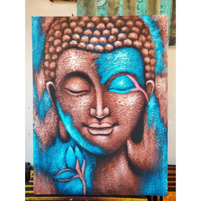 Buddha maleri - bronze og blå blomst