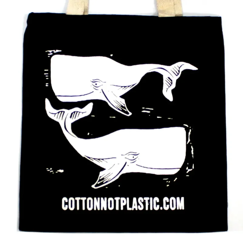 Lrg Sort 8oz bomuldspose 38x42cm - WHALES - HVID