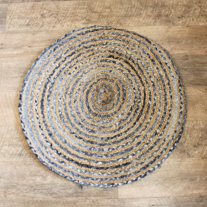 Rundt jute og genbrugs denim tæppe - 90 cm