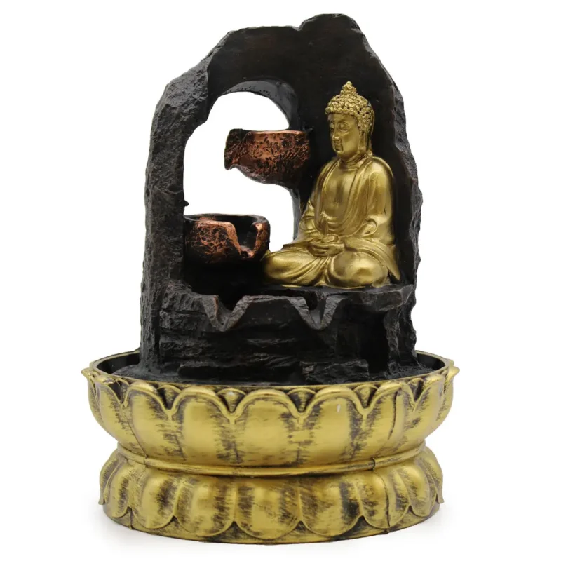 Bordpladevandfontæne - 30 cm - Mediterende gylden Buddha