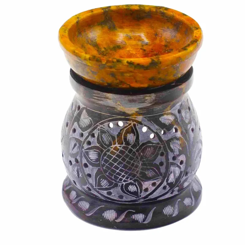 Fedtstensoliebrænder 10 cm - Mandala blomst - Sort og gul