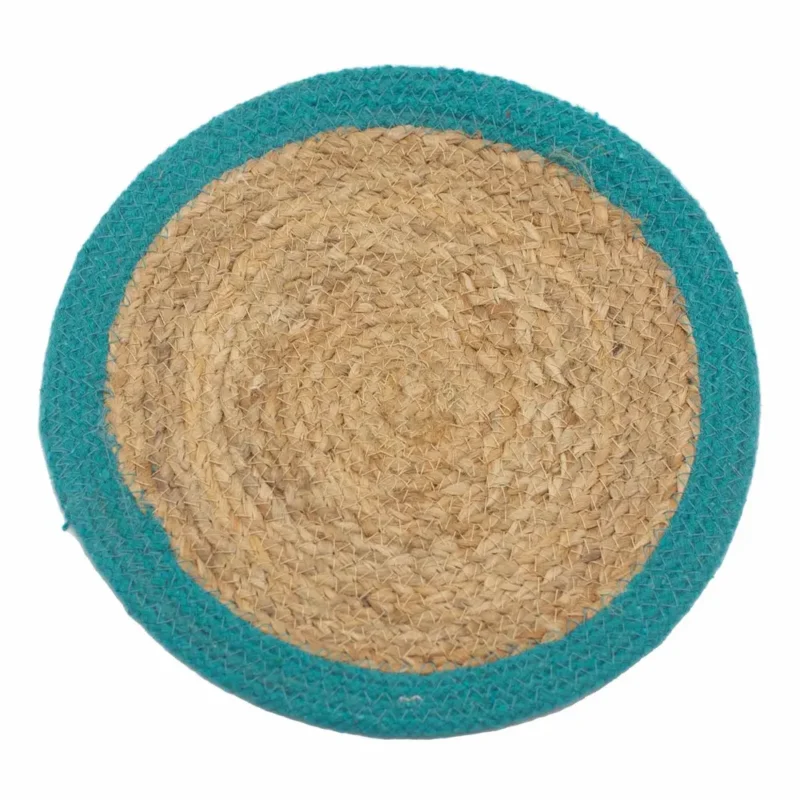 Naturlig dækkeserviet - jute og bomuld 30 cm - blågrøn kant